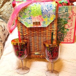 Lilly Pulitzer Wicker Wine Carrier Pink Strap w/ 2 Wine Goblets & Straws New!